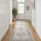 Vintage Floral Area Rug Machine Washable Non-Slip Runner Rug – Low Pile Soft Boho Hallway Carpet for Entryway, Kitchen, Corridor & Living Room – Light Taupe Brown, Multiple Sizes