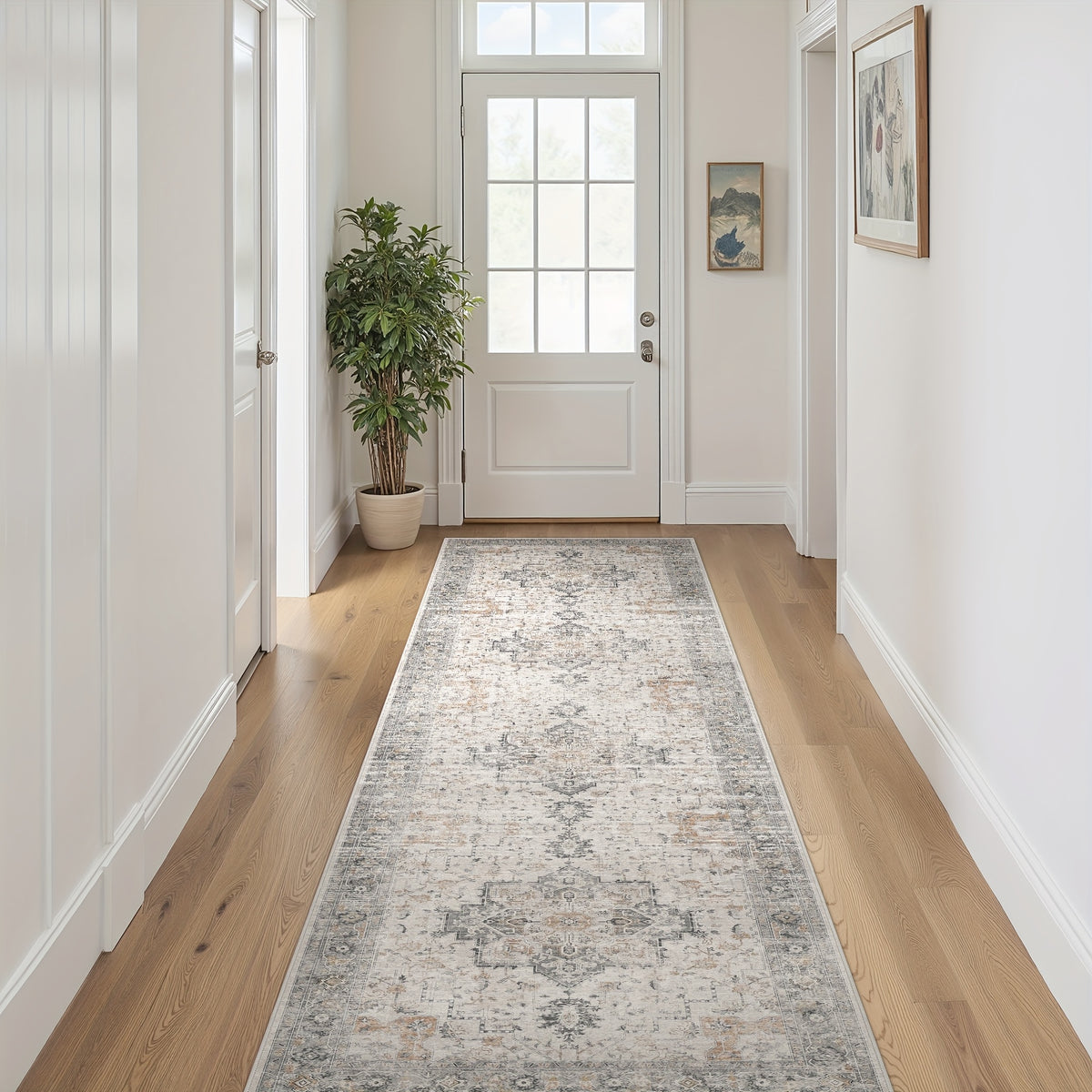 Vintage Floral Area Rug Machine Washable Non-Slip Runner Rug – Low Pile Soft Boho Hallway Carpet for Entryway, Kitchen, Corridor & Living Room – Light Taupe Brown, Multiple Sizes