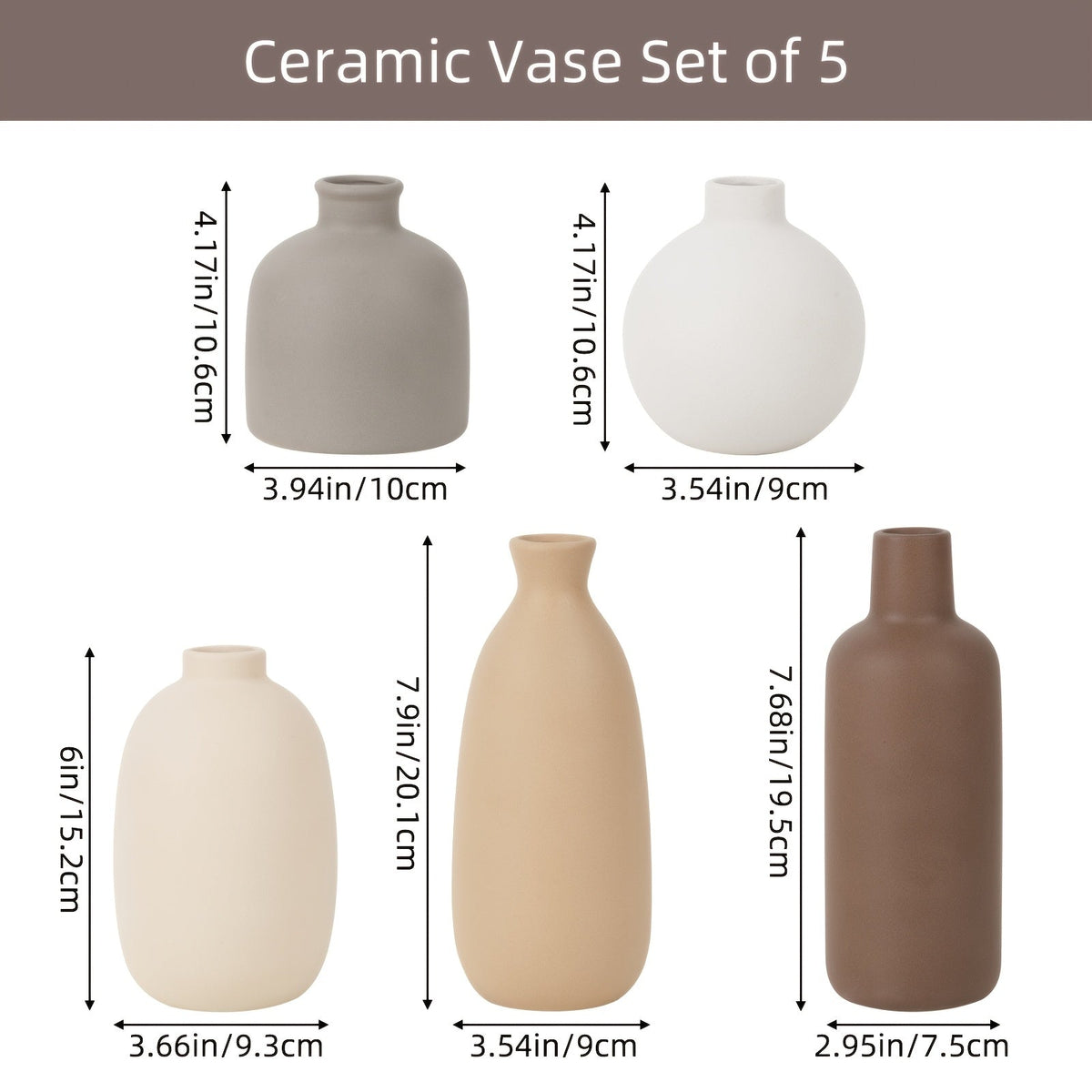 Set of 5 Ceramic Vases for Home Decor – Rustic Farmhouse Pottery, Vintage Decorative Vase Set for Living Room, Coffee Table, Office, Dining Area & Fireplace Mantel
