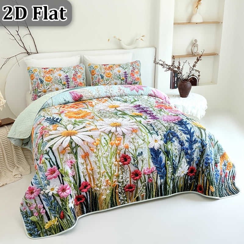 Floral Quilt Set 2 or 3 Piece – Colorful Flowers & Plants Quilted Bedspread with Pillowcases, Soft Breathable Hypoallergenic Machine Washable Bed Cover Twin Queen King