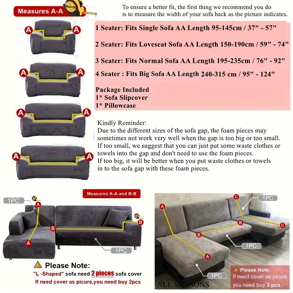 Velvet Stretch Sofa Cover Slipcover – Thick High-Elasticity Plush Couch Cover for L-Shape 1 2 3 4 Seater, Polyester Spandex Furniture Protector with Pillowcase for Living Room