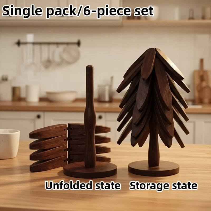 Tree Shaped Trivet Set Foldable Wooden Hot Pot Holder - Decorative Heat Resistant Trivet Mats for Kitchen Counter and Dining Table, Space Saving Stackable Leaf Trivet Set