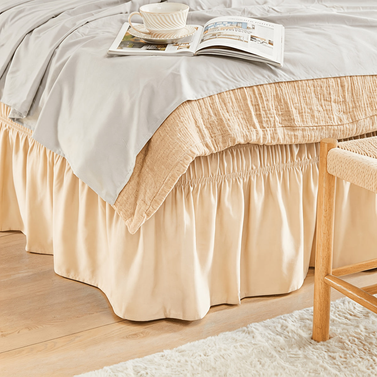 Elastic Wrap Around Bed Skirt No-Lift, 15 Inch Drop Microfiber Dust Ruffle, 30 Fade-Resistant Colors, Machine Washable, Twin Full Queen King Size