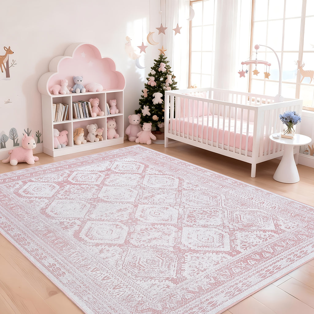 Vintage Retro Area Rug Pink Machine Washable Non-Slip Low Pile for Living Room, Bedroom & Dining – Lightweight Indoor Carpet, 4 Sizes
