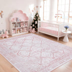 Vintage Retro Area Rug Pink Machine Washable Non-Slip Low Pile for Living Room, Bedroom & Dining – Lightweight Indoor Carpet, 4 Sizes