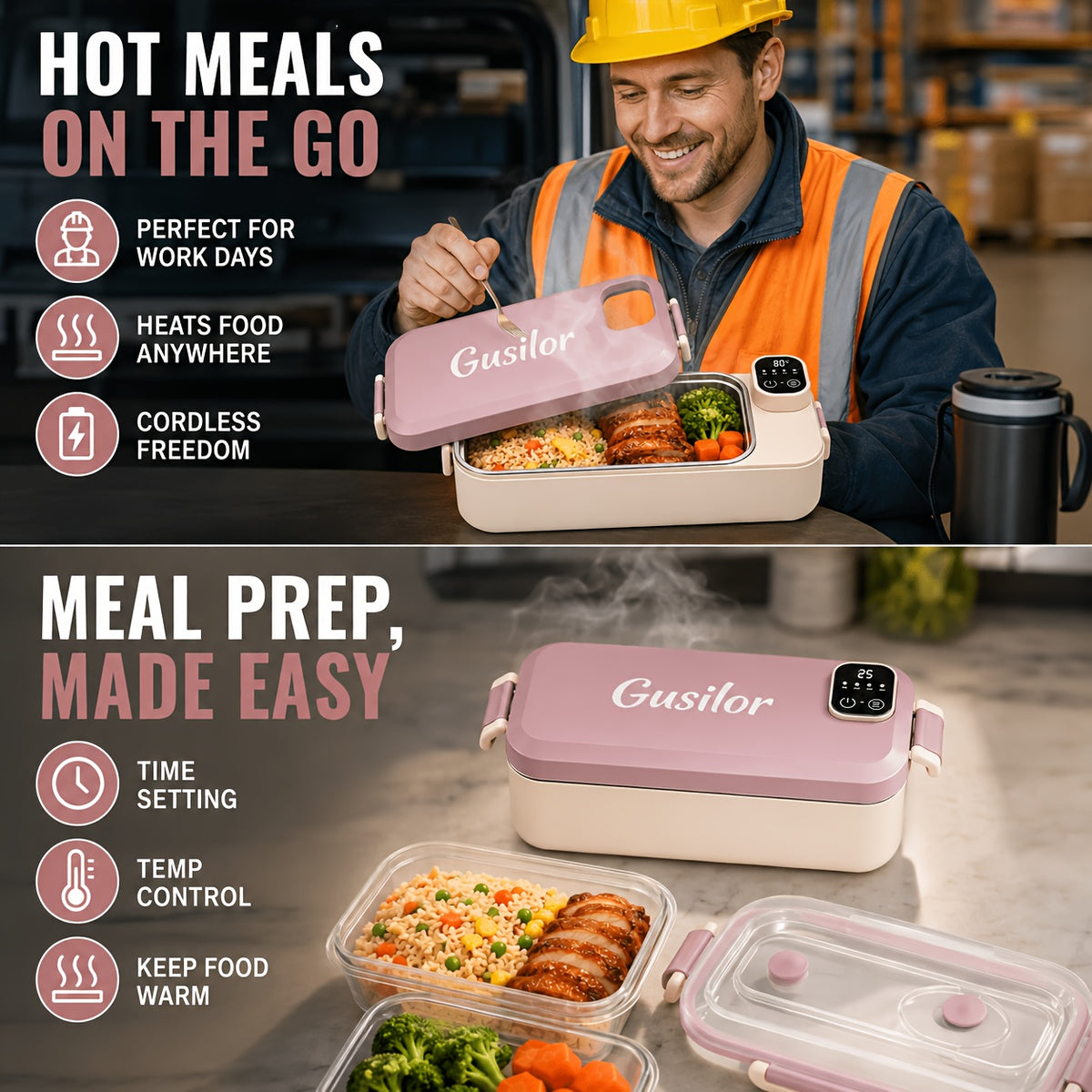 Heated Lunch Box Rechargeable with Timer - Self-Warming Portable Bento Box 80°C Keep Warm for Women & Men, Insulated Meal Prep Container with Lid, Electric Lunch Box for Work & Office
