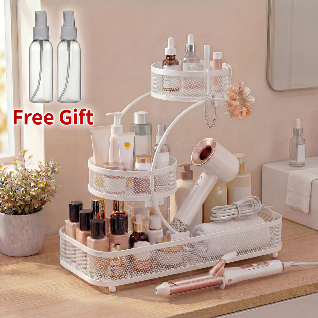 3-Tier Metal Mesh Countertop Storage Rack with Hooks, Space-Saving Organizer for Bathroom & Kitchen – Heavy-Duty Cosmetic, Perfume & Toiletry Display Stand, Black or White, Mini Available