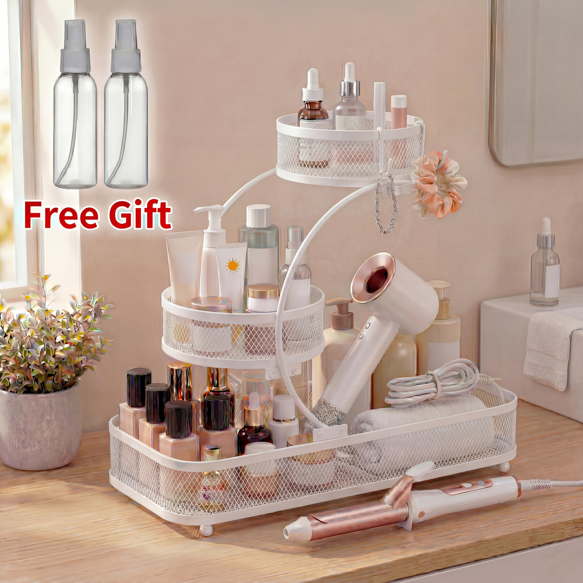3-Tier Metal Mesh Countertop Storage Rack with Hooks, Space-Saving Organizer for Bathroom & Kitchen – Heavy-Duty Cosmetic, Perfume & Toiletry Display Stand, Black or White, Mini Available