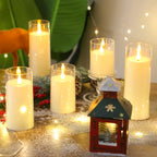 Flameless LED Pillar Candles Set of 5 with Remote Control & Timer, Battery Operated Flickering Candles, 3-Inch Diameter Organic Glass, 4" 5" 6" 8" Sizes - Ivory, Gray & Amber for Home & Halloween Decor