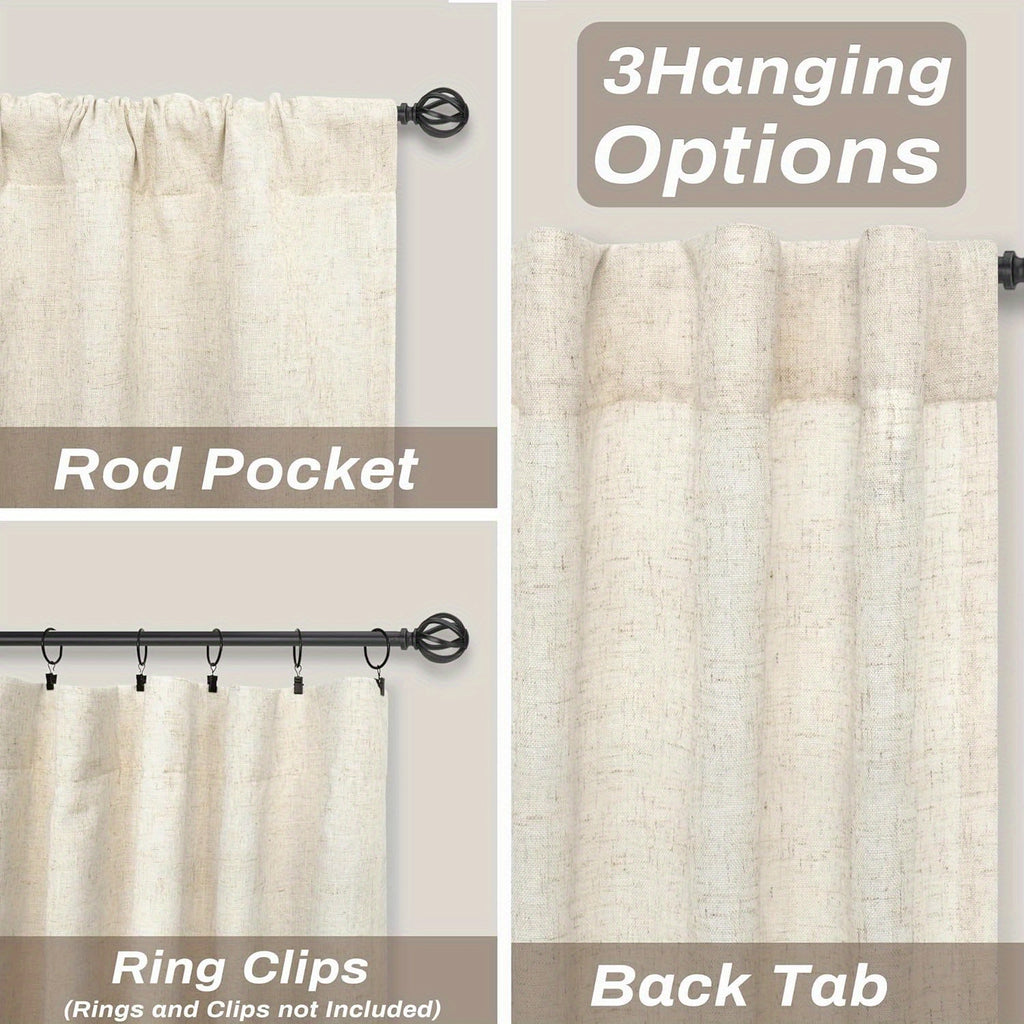 Linen Blackout Curtains 2 Panels – 100% Light Blocking Farmhouse Thermal Insulated Drapes, Rod Pocket Back Tab Ring Clips, Machine Washable, Living Room Bedroom, 9 Colors Multiple Sizes