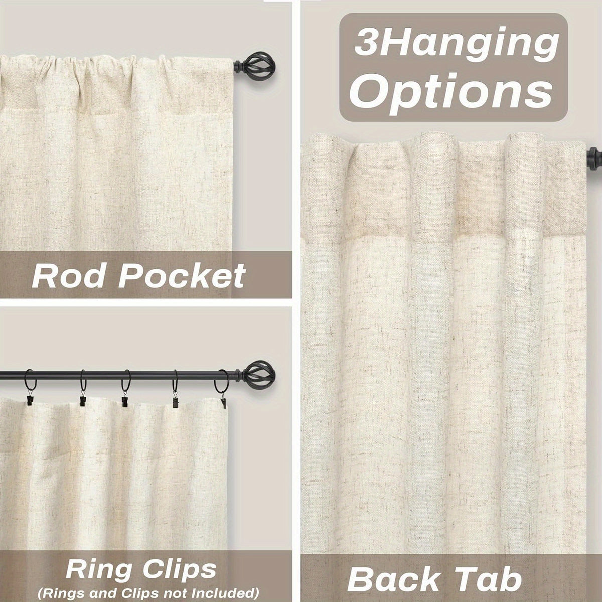 Linen Blackout Curtains 2 Panels – 100% Light Blocking Farmhouse Thermal Insulated Drapes, Rod Pocket Back Tab Ring Clips, Machine Washable, Living Room Bedroom, 9 Colors Multiple Sizes