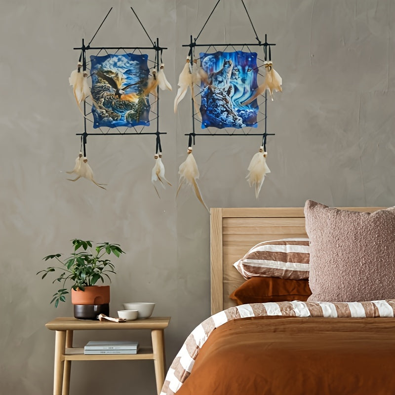 Wolf & Eagle Canvas Wall Art Set 2pc – Dream Catcher Style Framed Canvas Prints with Feather Accents for Living Room TV Wall Entryway Boho Decor