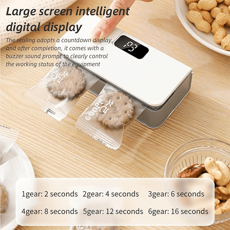 Mini Bag Sealer USB Rechargeable with Built-In Cutter, 6-Level Heat Portable Food Sealer for Chips, Snacks, Fruits & Veggies — Compact Kitchen & Picnic Gadget, White & Blue