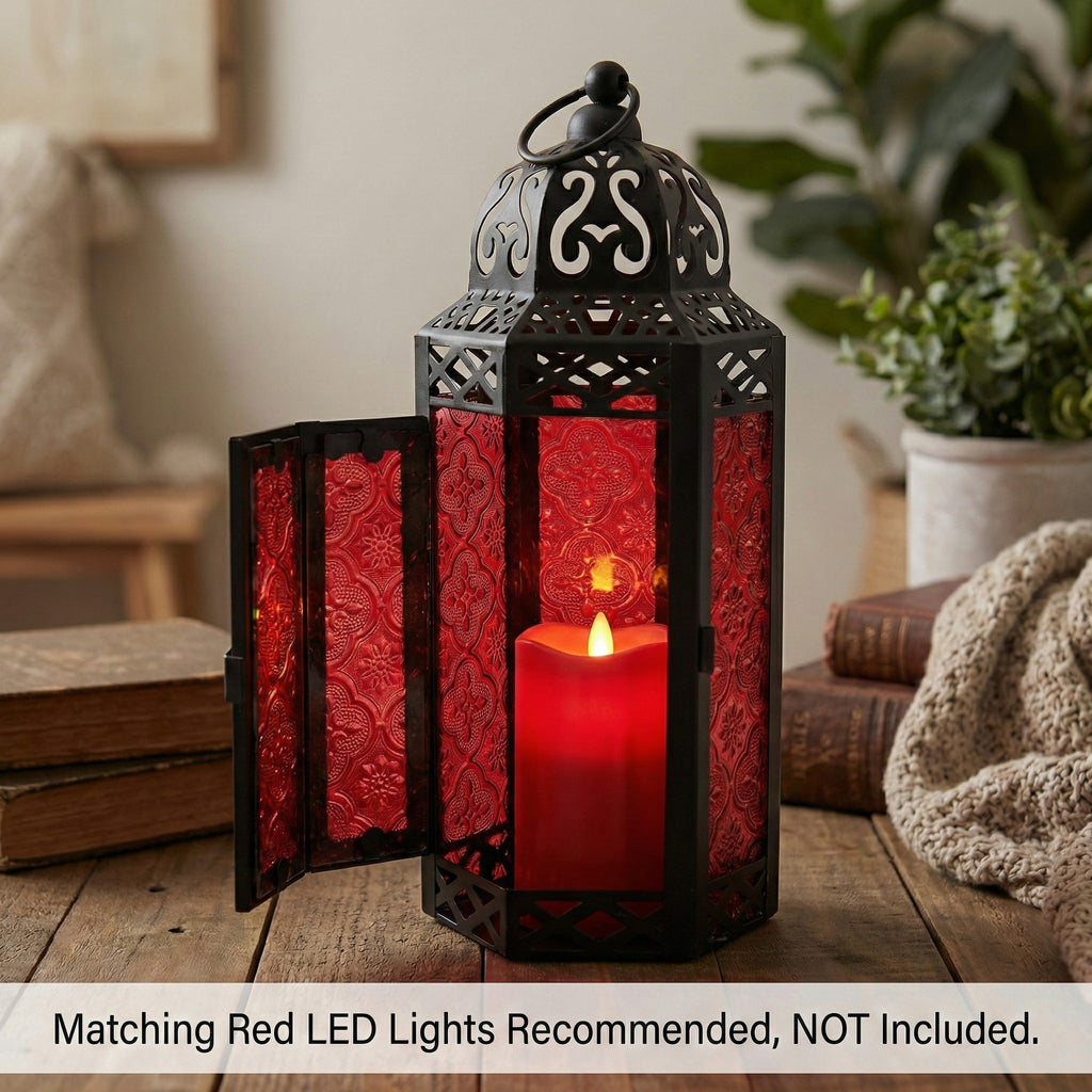 Moroccan Candle Lantern Holder Medium 10.5 Inch – Handcrafted Glass Iron Metal Lantern with Embossed Floral Panels, 17 Colors, Indoor Outdoor Use for Ramadan, Wedding, Patio, Diwali & Home Decor