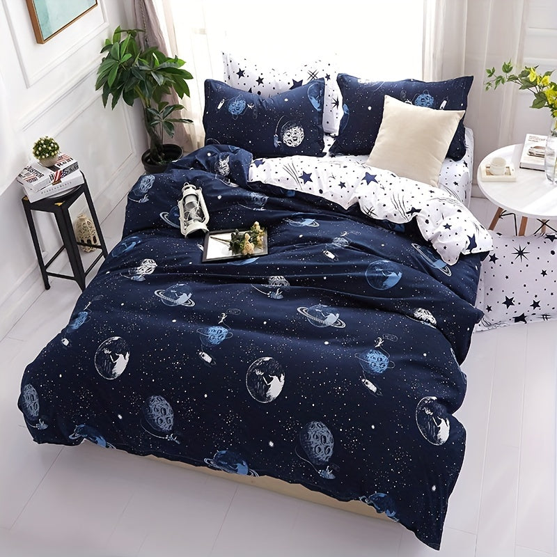 Galaxy Duvet Cover Set 3 Piece – Cartoon Star Universe Planets Print Soft Breathable Bedding with 2 Pillowcases for Bedroom Guest Room & Dorm, No Insert