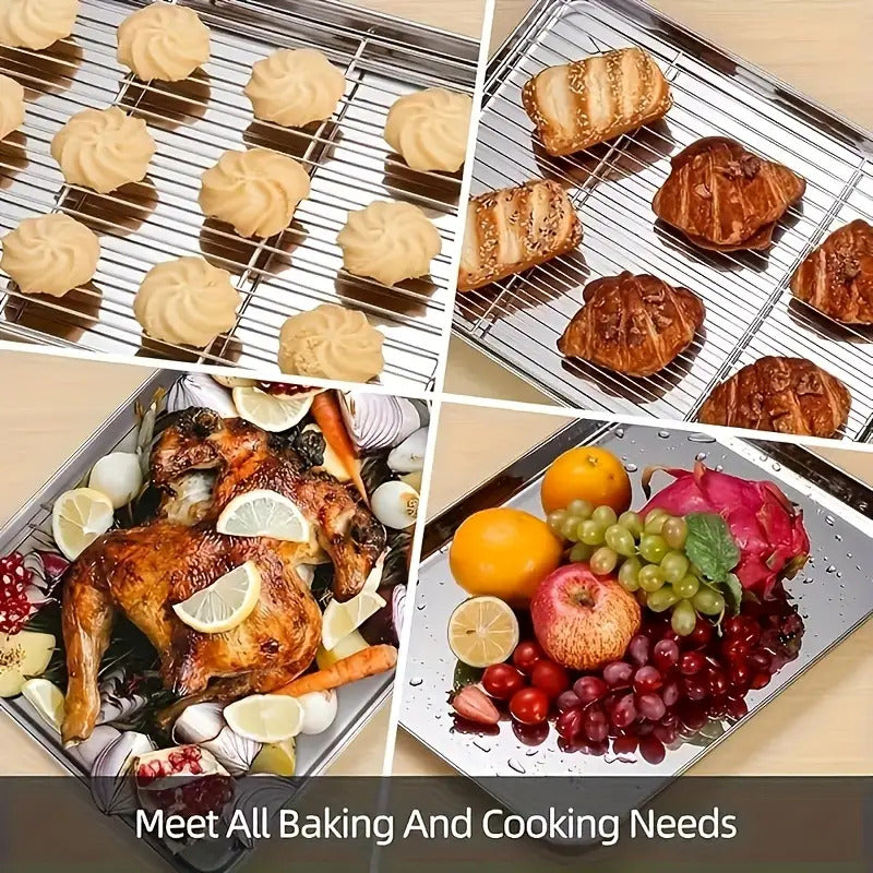 Stainless Steel Baking Tray Set with Cooling Rack & Mesh Basket - 12.5x8.6 Inch Cookie Sheet for Oven Baking, BBQ, Roasting & Vegetable Prep, Multi-Use Kitchen Set for Holiday Cooking