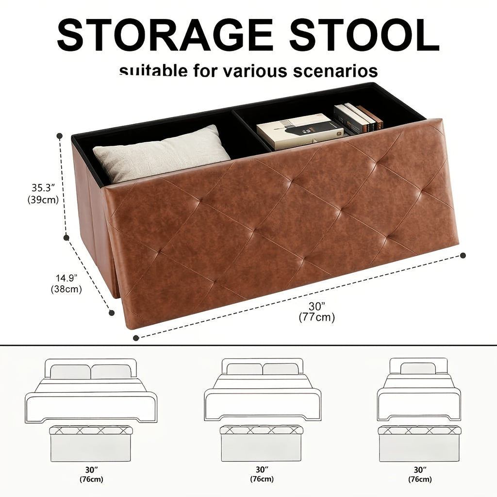 Storage Ottoman Bench with Pull-Out Drawer – 880 lbs Capacity Folding Footrest, Synthetic Leather, 30 & 43 Inch, for Living Room Bedroom Office, Grey & Brown